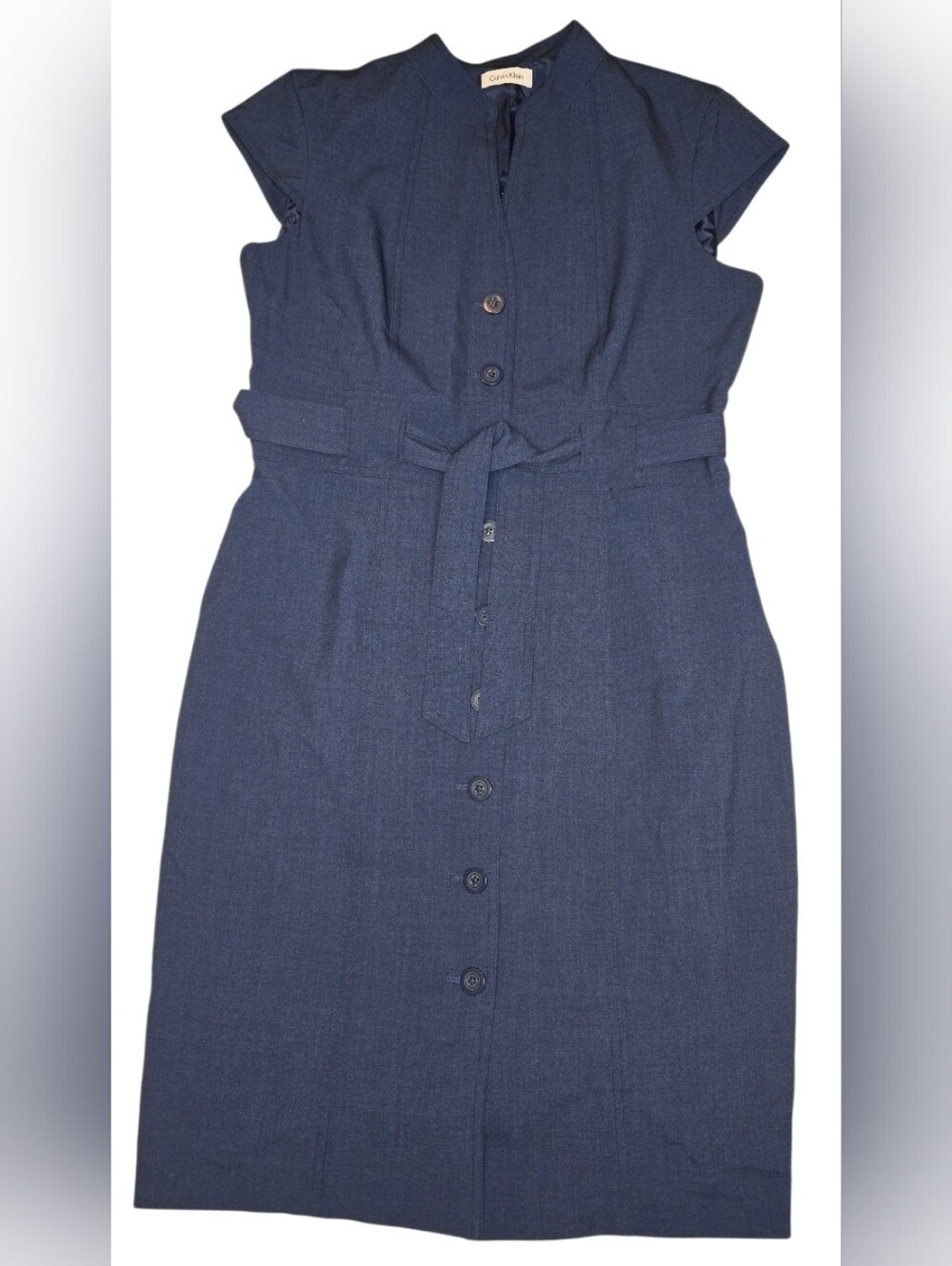 Calvin Klein Women's Blue Button Front Belted Midi Sheath Dress Size 8